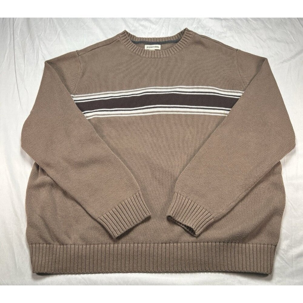 St Johns Bay Men’s Sweater Size XXL Beige Crew Neck Brown White Stripe Cotton